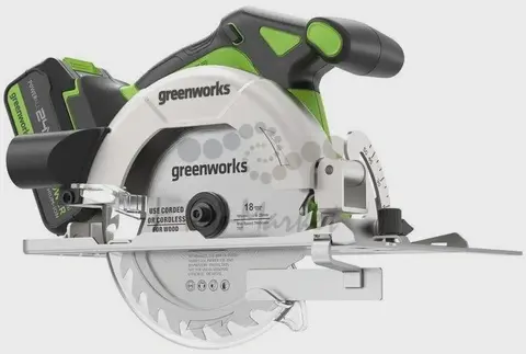 Дисковая пила аккумуляторный Greenworks GD24CS165, 24V,б/щет, 165х20 мм, 4800 об/мин, рез 57 мм, 1х5Ач, ЗУ, кор (1501607CUG)