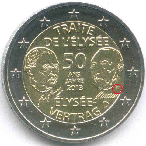 2 евро 2013 год (F). Германия. 50 лет подписания Елисейского договора. Биметалл UNC