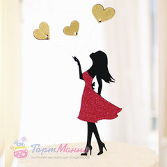 Топпер пластиковый с блестками «Девочка с сердечками» (черный, цвет платье в ассортименте)