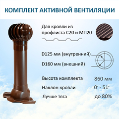 Турбодефлектор TD160, вент. выход утепленный высотой Н-700, для кровельного профнастила 20мм, коричневый