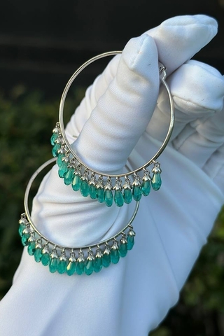 168/009 - Серьги-кольца(конго) Drop из серебра с подвесками в огранке бриолет, цвета морской волны