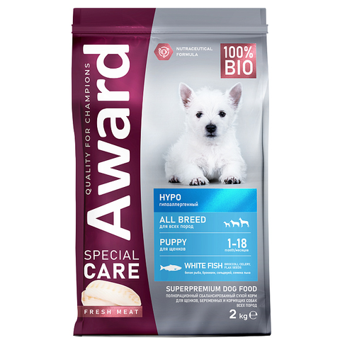 Сухой корм AWARD SPECIAL CARE HYPO PUPPY со свежей белой рыбой для щенков от 1 месяца, беременных и кормящих собак всех пород, склонных к аллергии 2кг
