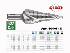 Сверло ступенчатое 4-20мм (Спиральное) HSSE-Co5 9ступ. L75мм хв. 8мм Ruko 101051E