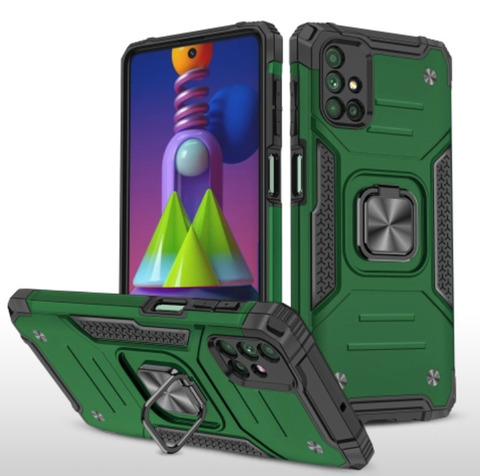 Противоударный чехол для Samsung Galaxy M51 M515 зеленый с пластиной для магнитного автодержателя и кольцом подставкой