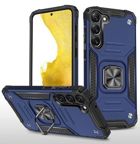Противоударный чехол для Samsung Galaxy M14 синий с пластиной для магнитного автодержателя и кольцом подставкой, чехол на Самсунг Галакси М14