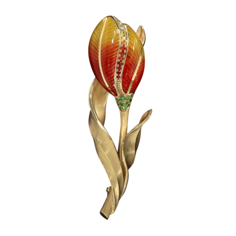 Брошь Тюльпан с Рубинами, цветными Сапфирами, Цаворитами и Бриллиантами, Эмаль, Brs0275-8/1