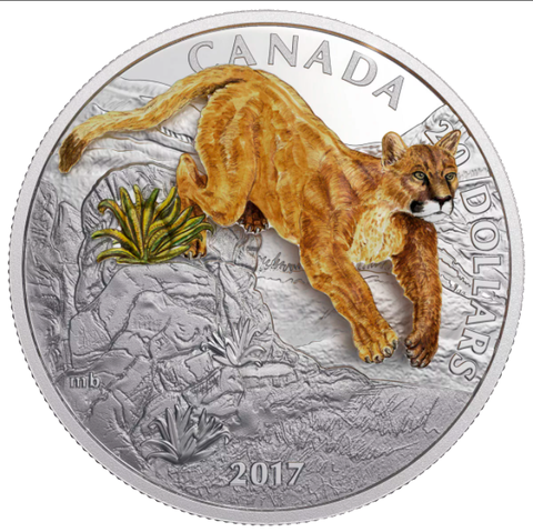 Канада 2017, 20 долларов, 1 унция, серебро. Трехмерные животные. Прыгающий кугуар (пума)