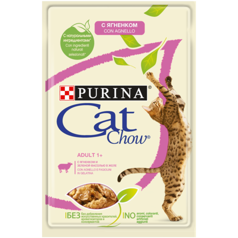 Влажные корма Пауч для кошек, Purina Cat Chow, ягненок с зеленой фасолью в желе large_07613036232067_C1N1_Cat_Chow_Lmb_Grnb_85g_1_43812959.png