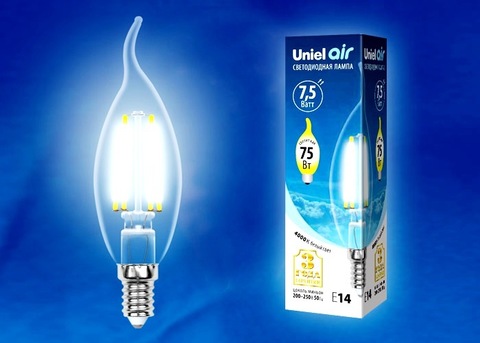 Uniel Лампа LED-CW35-7,5W/NW/E14/CL Air (свеча на ветру белый свет)