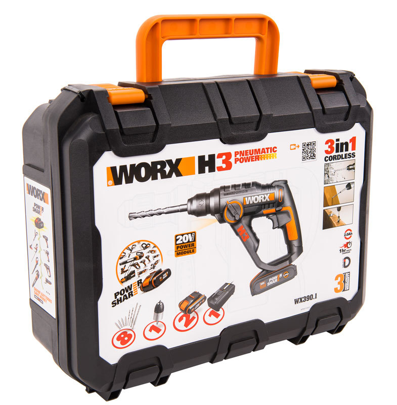 Перфоратор аккумуляторный WORX WX390.1, 20В, 2 Ач x2, кейс