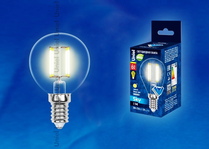 Uniel Лампа LED-G45-6W/WW/E14/CL Sky шарик (теплый свет)