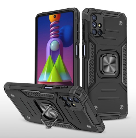 Противоударный чехол для Samsung Galaxy M31s M317 черный с пластиной для магнитного автодержателя и кольцом подставкой / чехол накладка для телефона Самсунг Галакси М31с M317 трансформируется в подставку / чехол с держателем на палец