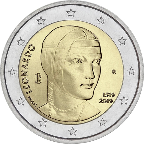 2 евро. 500 лет со дня смерти Леонардо да Винчи. Италия. 2019 г.
