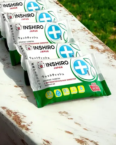 Влажные салфетки антибактериальные зеленый чай Inshiro 15 шт