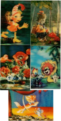 № 74 Набор из 5 переливных (стерео) Календариков . Мультфильмы СССР 1988, 1989, 1990 гг.