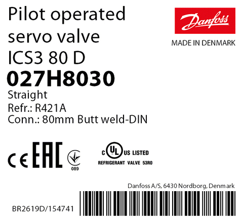 Пилотный клапан ICS3 80 Danfoss 027H8030 стыковой шов