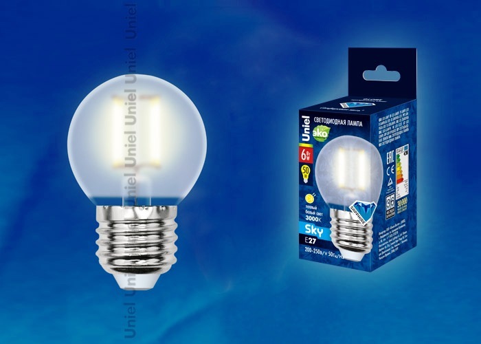 Uniel Лампа LED-G45-6W/WW/E27/FR Sky шарик (теплый свет)
