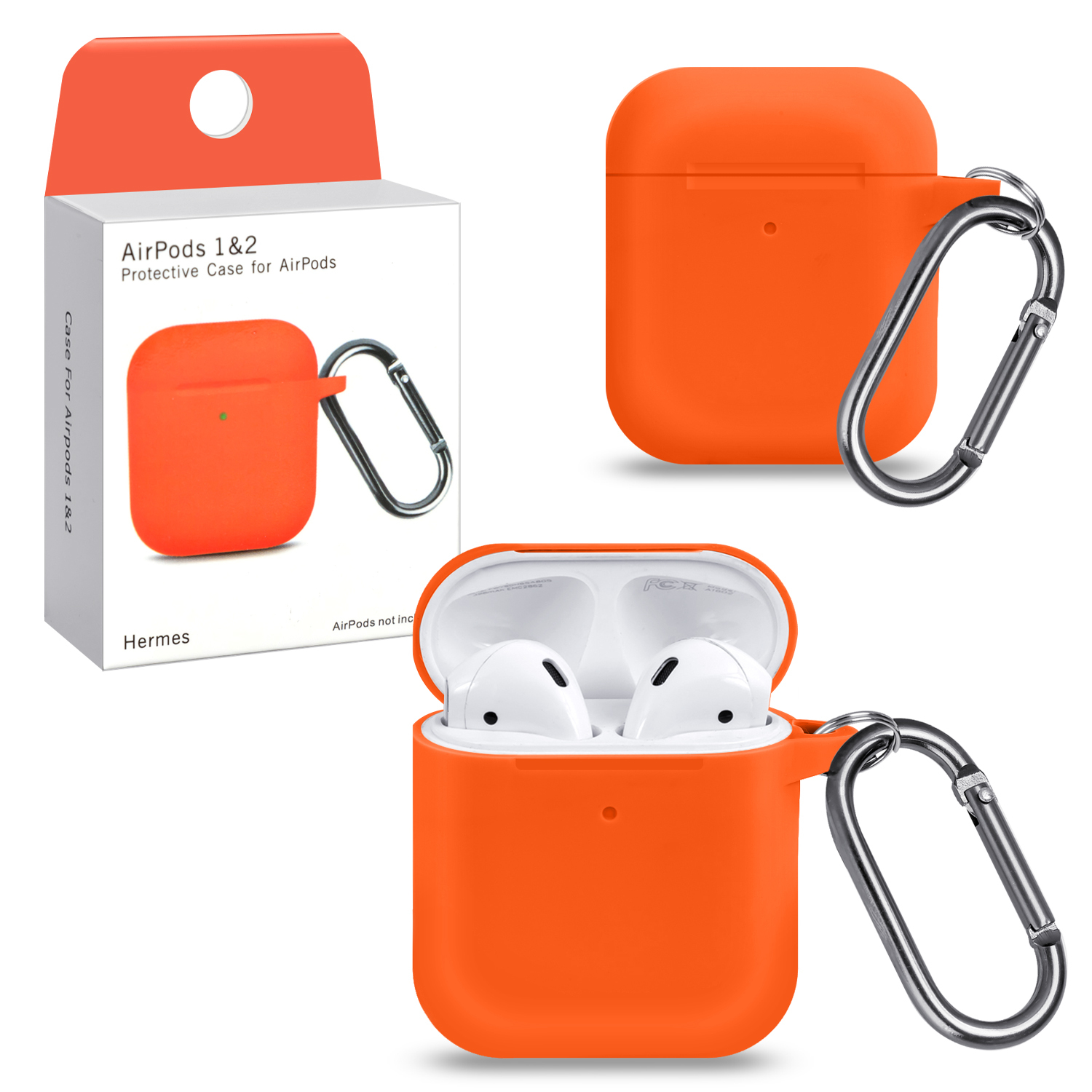 Купить Силиконовый чехол с карабином для AirPods 1, 2 Protective Case ( Hermes / Оранжевый) за 350 руб, в Чехолере