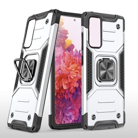 Противоударный чехол для Samsung Galaxy S20 FE G780 серебро с пластиной для магнитного автодержателя и кольцом подставкой