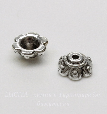 Шапочка для бусины 7х3 мм (цвет - античное серебро), 10 штук