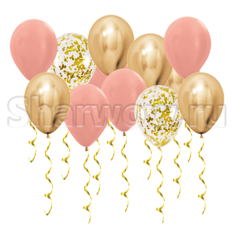 Воздушные шары под потолок Хром золото, розовое дерево и шары с золотым конфетти