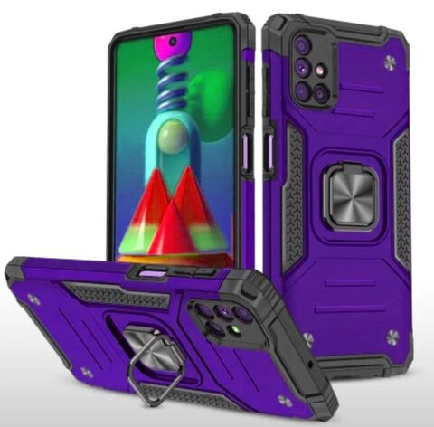 Противоударный чехол для Samsung Galaxy M51 M515 фиолетовый с пластиной для магнитного автодержателя и кольцом подставкой