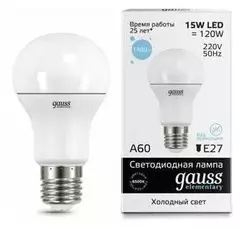 Лампа Gauss LED Elementary A60 15W E27 1480lm 6500K 23235