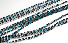 Стразовая цепочка 2 мм бирюза прозрачный, родий