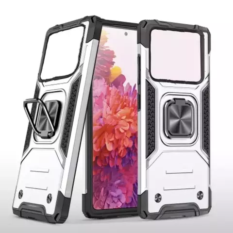 Противоударный чехол Strong Armour Case с кольцом для Poco M4 Pro (Серебро)