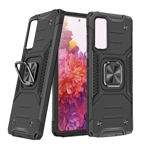 Противоударный чехол для Samsung Galaxy S20 FE G780 черный с пластиной для магнитного автодержателя и кольцом подставкой