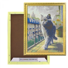 
          Алмазная мозаика Alingar, на подрамнике, с полным заполнением, (глянц) дизайн рамка, 30х40 см, 20 цветов, "Кот на балконе"