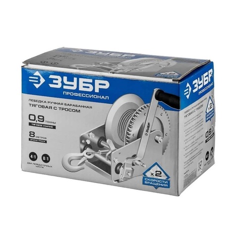 ЗУБР 0.9 т, 8 м, ручная барабанная тяговая тросовая лебедка, Профессионал (43113-0.9)