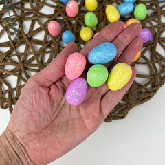 Яйцо разноцветное размер 2*3 см, из пенопласта с блестками, пасхальный декор, набор 36 шт.