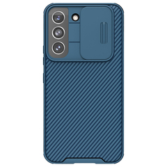 Чехол синего цвета усиленный для смартфона Samsung Galaxy S22 от Nillkin, серия CamShield Pro Case, с сдвижной крышкой для камеры