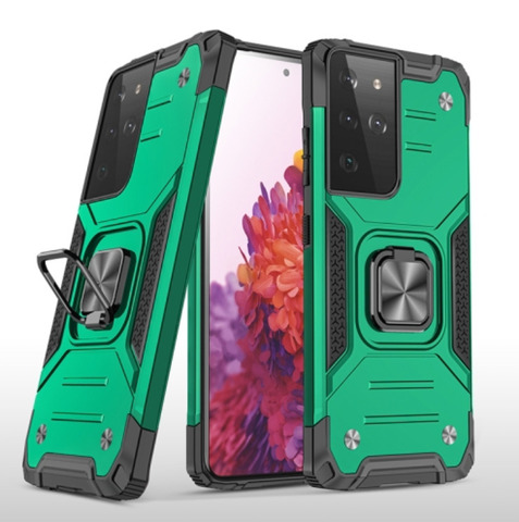 Противоударный чехол для Samsung Galaxy S21 Ultra / S30 Ultra зеленый с пластиной для магнитного автодержателя и кольцом подставкой