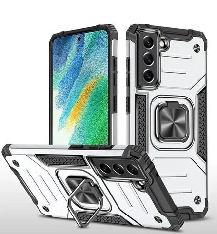 Противоударный чехол для Samsung Galaxy S21 / S30 серебро с пластиной для магнитного автодержателя и кольцом подставкой