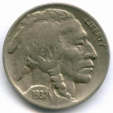 5 центов 1937 год (без знака - Philadelphia). США. Индеец с бизоном. Медно-никель, диаметр 21.2 мм. VF