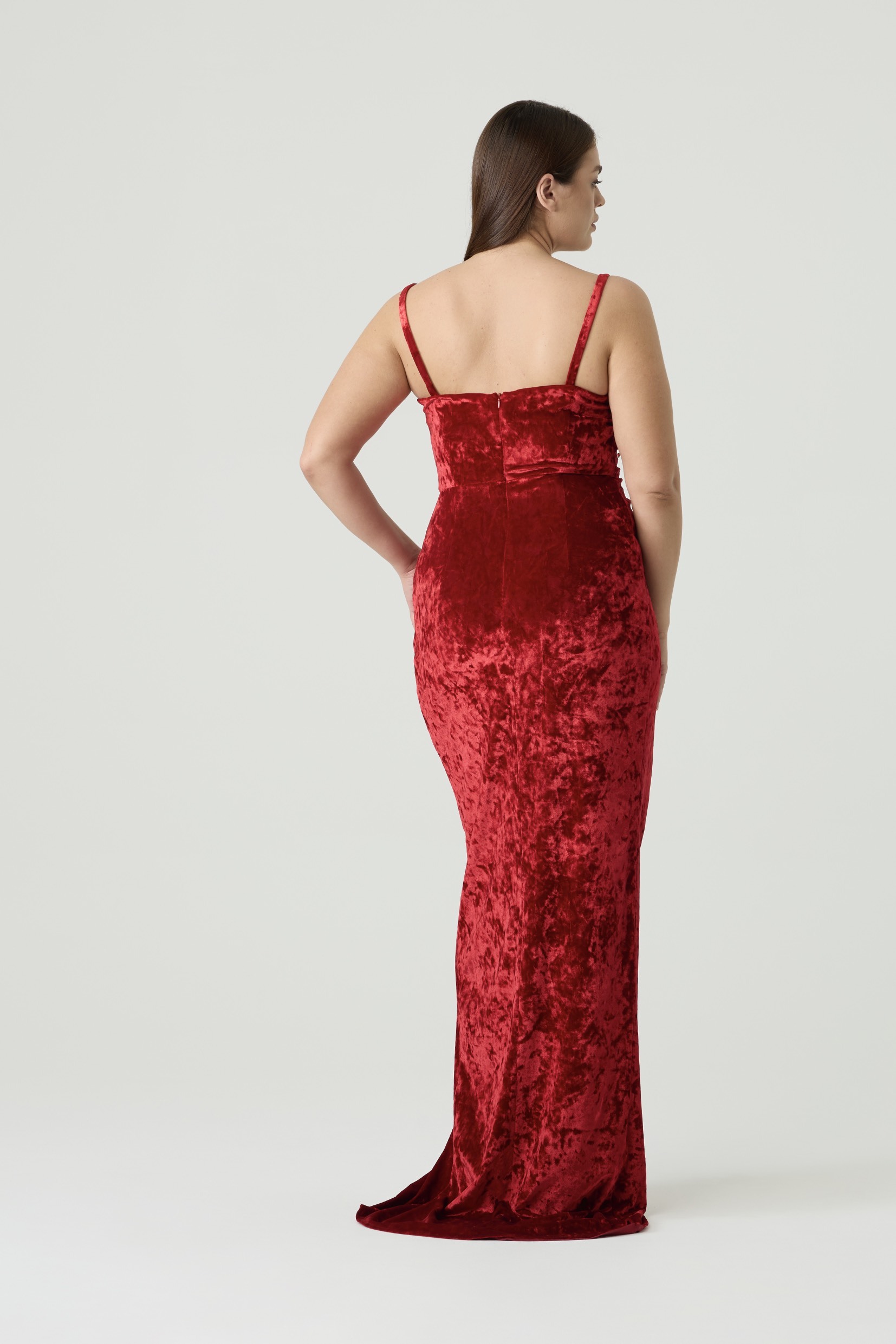 Платье из бархата макси с разрезом, красный
