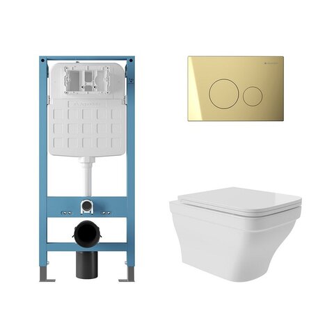 Aqueduto AQDS240 AQD комплект: TECNICA Novo Система инсталляции для подвесного унитаза, CIRCULO Novo Панель смыва, шлифованное золото, ESTETA Унитаз подвесной 520*370 безободковый, сиденье с микролифтом, белый глянцевый