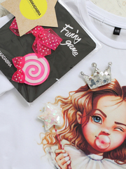 BUBBLE GUM PRINCESS T-shirt with 4 Velcro: Crown, Bow, Lollipop, Heart or Star