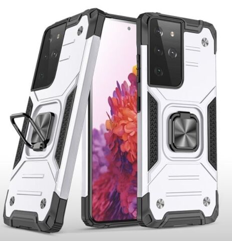 Противоударный чехол для Samsung Galaxy S21 Ultra / S30 Ultra серебро с пластиной для магнитного автодержателя и кольцом подставкой
