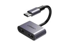 USB-хаб UGREEN CM232 (60165) USB-C to Type C Female + Type C Female Audio Adapter, серый