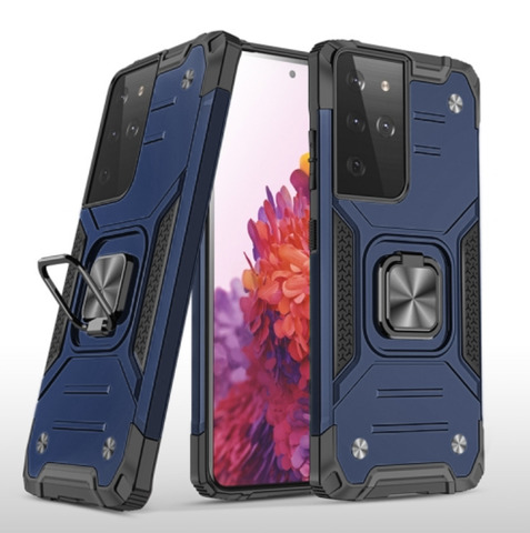 Противоударный чехол для Samsung Galaxy S21 Ultra / S30 Ultra синий с пластиной для магнитного автодержателя и кольцом подставкой