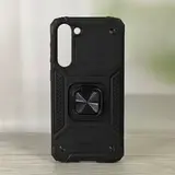 Противоударный чехол для Samsung Galaxy S23 Plus черный с пластиной для магнитного автодержателя и кольцом подставкой