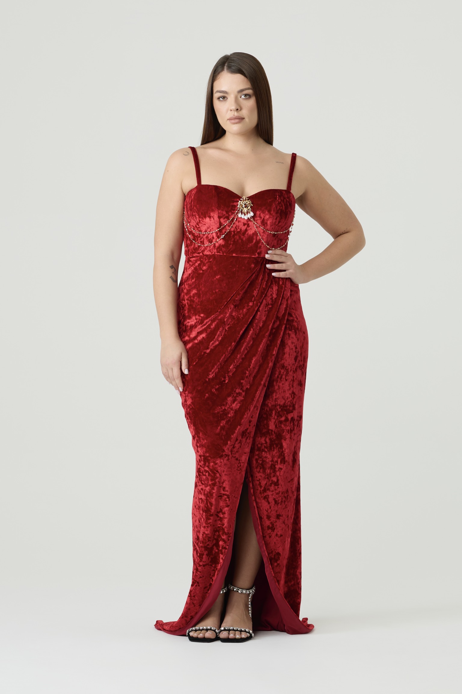 Платье из бархата макси с разрезом, красный