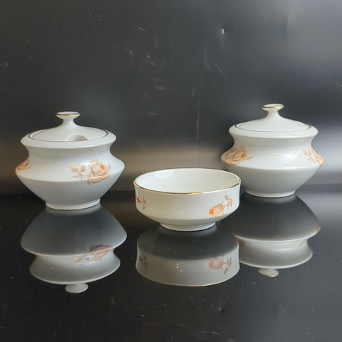 Набор из 3х предметов солонка, горчичница и икорница, фарфор, роспись, из сервиза "Коралловая роза", золочение, EPIAG D.F Чехословакия, винтаж времен СССР 1960-1990 гг