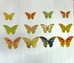 Наклейки Бабочки, Бумага вырубка, 3D, разноцветные/золото, 12 шт. / 8,5см*5см - 4шт., 10,5см*6,5см. - 4шт., 12,5см*7,5см - 4шт