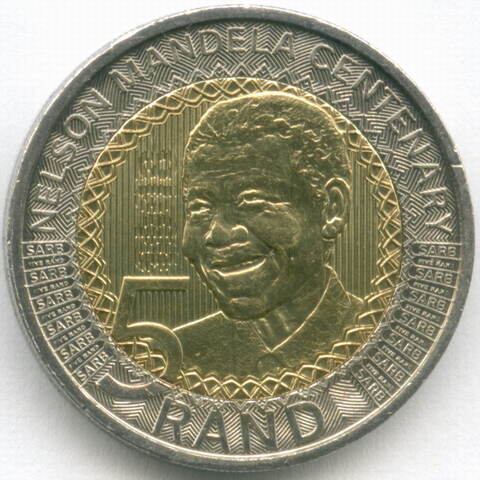 5 рандов 2018 год. ЮАР. 100 лет со дня рождения Нельсона Манделы. Биметалл UNC