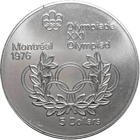 5 долларов. XXI летние Олимпийские Игры, Монреаль 1976 - Олимпийские кольца. Канада. Серебро. 1974 г. AU