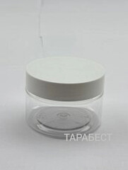 Банка 100 мл пластик прозрачная с белой крышкой (низкая)